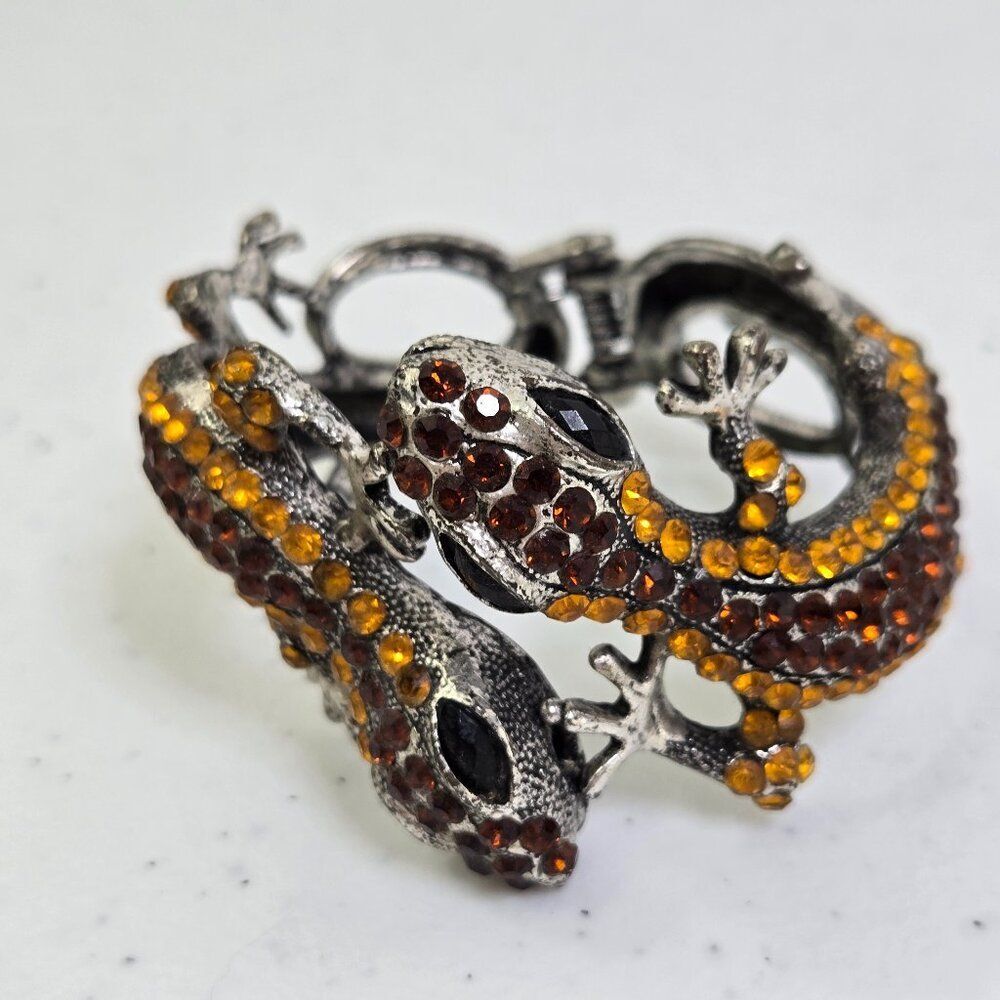 Lizard Gecko Rhinestone Bracelet Clamper Cuff Silver Tone Orange Statement